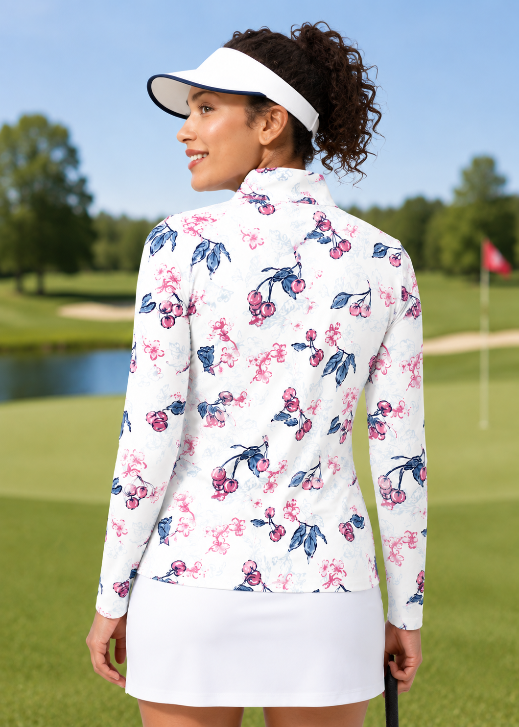 SanSoleil Women's SolCool Longsleeve Print Mock in Cherry Blossom