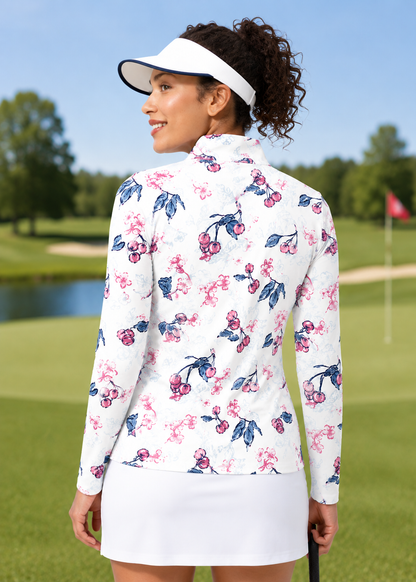 SanSoleil Women's SolCool Longsleeve Print Mock in Cherry Blossom