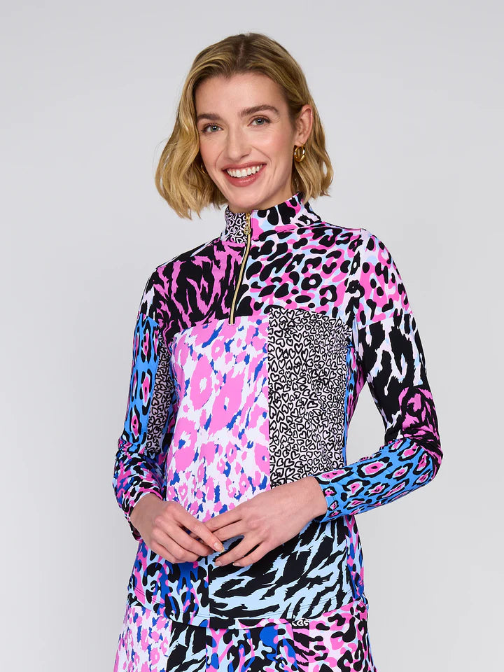 G Lifestyle Golf Mock Neck Quarter-Zip Pullover Long Sleeve in Multi Patchwork