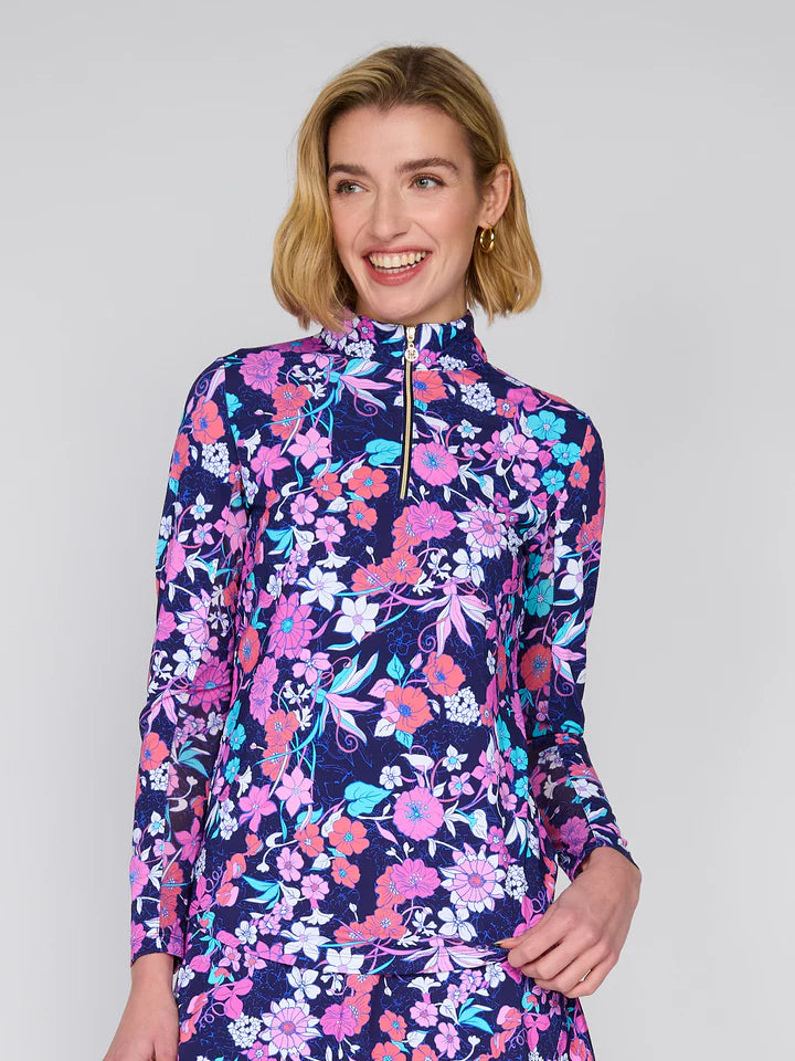 G Lifestyle Golf Mock Neck Quarter-Zip Pullover Long Sleeve in Navy Fleur