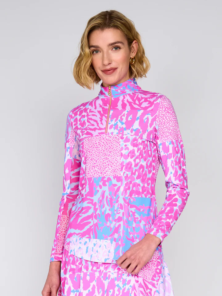 G Lifestyle Golf Mock Neck Quarter-Zip Pullover Long Sleeve in Pink Patchwork