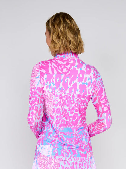 G Lifestyle Golf Mock Neck Quarter-Zip Pullover Long Sleeve in Pink Patchwork