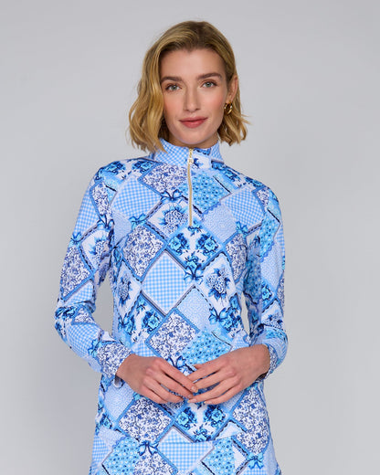 G Lifestyle Golf Mock Neck Quarter-Zip Pullover Long Sleeve in Blue Boho Chic