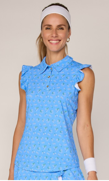 G Lifestyle SLEEVELESS RUFFLE TOP W/ GOLD BUTTONS in Bt. Peri Bouquet