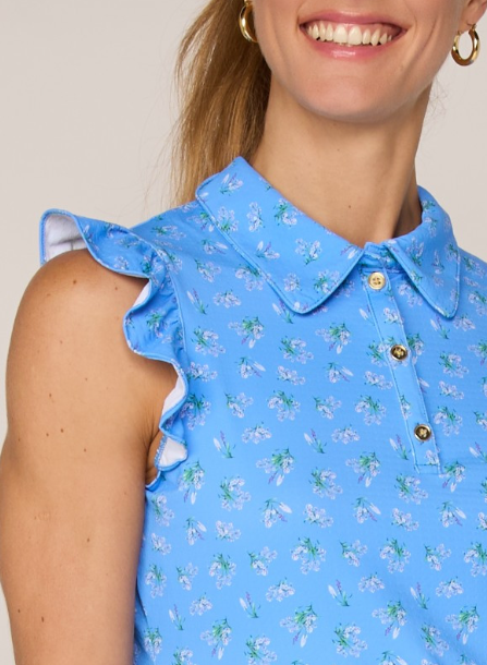 G Lifestyle SLEEVELESS RUFFLE TOP W/ GOLD BUTTONS in Bt. Peri Bouquet