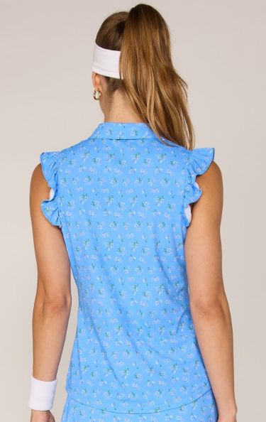 G Lifestyle SLEEVELESS RUFFLE TOP W/ GOLD BUTTONS in Bt. Peri Bouquet