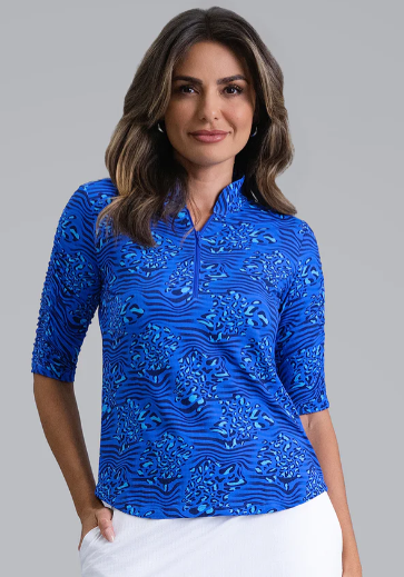 IBKUL Yun Ruched Elbow Sleeve Mandarin Collar Top