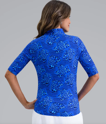 IBKUL Yun Ruched Elbow Sleeve Mandarin Collar Top
