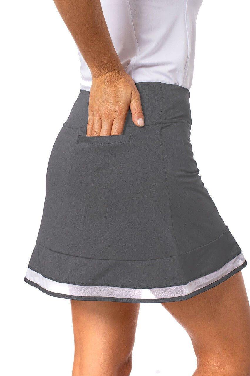 Golftini Top Golf Pull On Mesh Trim Ruffle Skort (Charcoal) - Gals on and off the Green